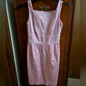 Talbots Petite pink and white stripe sheath with pink floral embroidery.